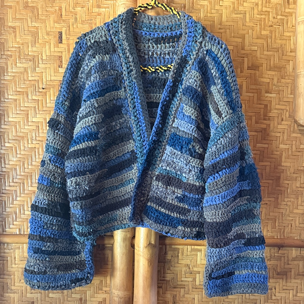 Vintage Blue And Gray Vintage Handmade Heavy Striped Knit Cardigan One Size